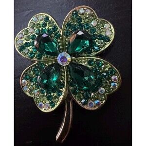 Vintage Green Clover Lucky Leaf Flower Crystal Rhinestone Brooch Pin B27